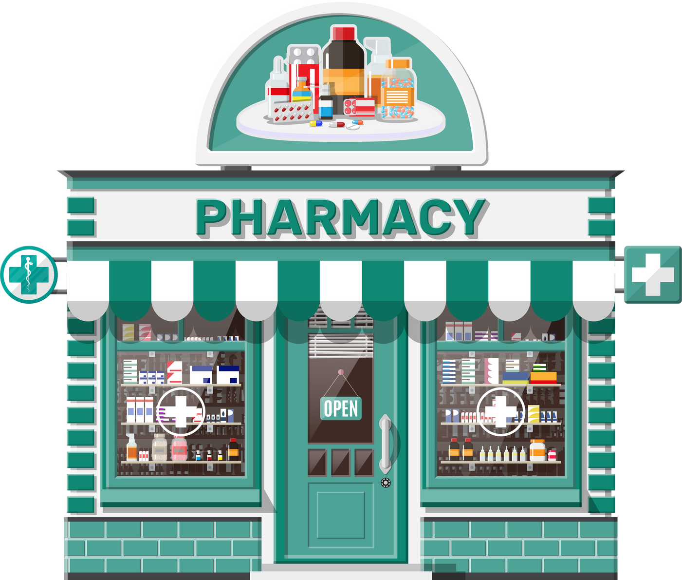 Facade Pharmacy or Drugstore with Signboard